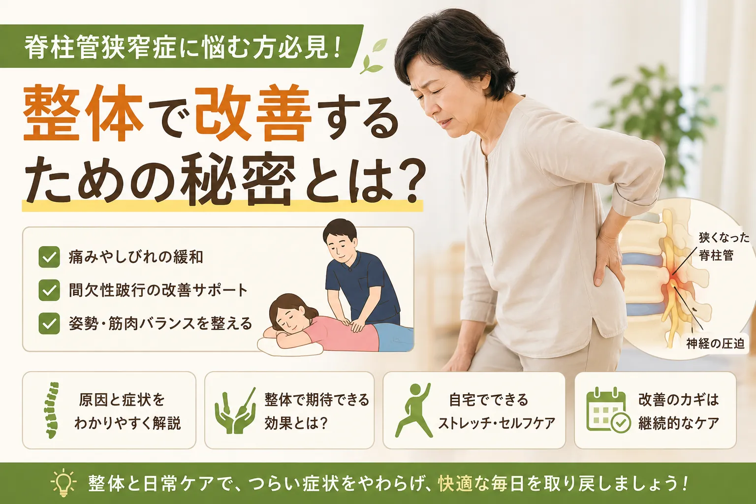脊柱管狭窄症に悩む方必見！整体で改善するための秘密とは？
