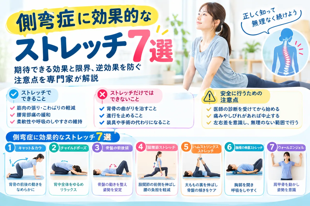 側弯症に効果的なストレッチ7選｜期待できる効果と限界、逆効果を防ぐ注意点を専門家が解説