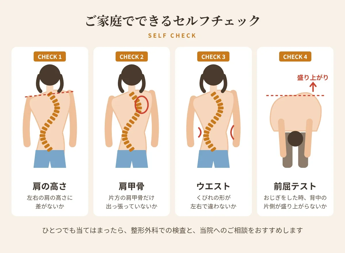 側弯症のセルフチェック：肩の高さ・肩甲骨・ウエスト・前屈テスト